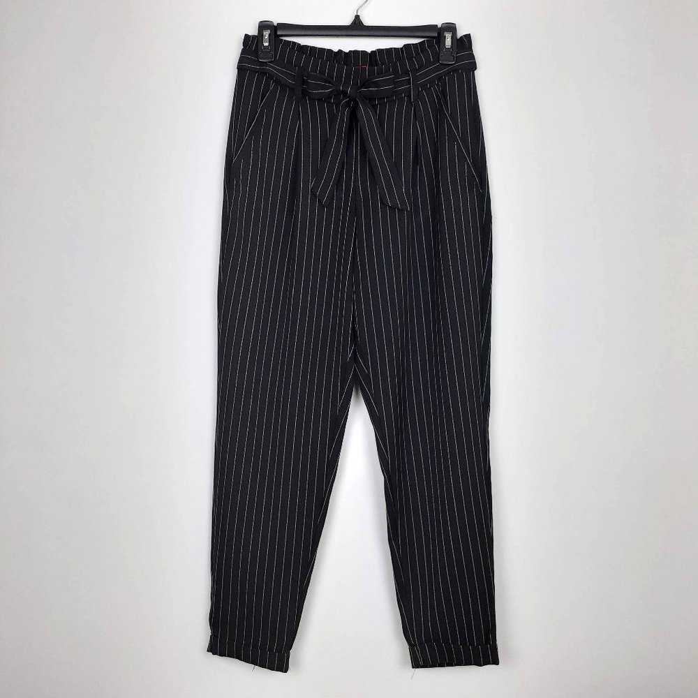 High Waist Paper Bag Pants Size 5. Black Pinstripe with Bow Belt Modern Minimal